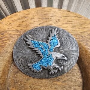 Vtg 1980s Metal Inlaid Turquoise Bald Eagle Belt Buckle